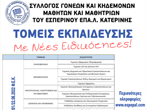 Β’ Φάση κατ’ εξαίρεση Εγγραφών – Τομείς & Ειδικότητες στο Εσπερινό ΕΠΑ.Λ. Κατερίνης