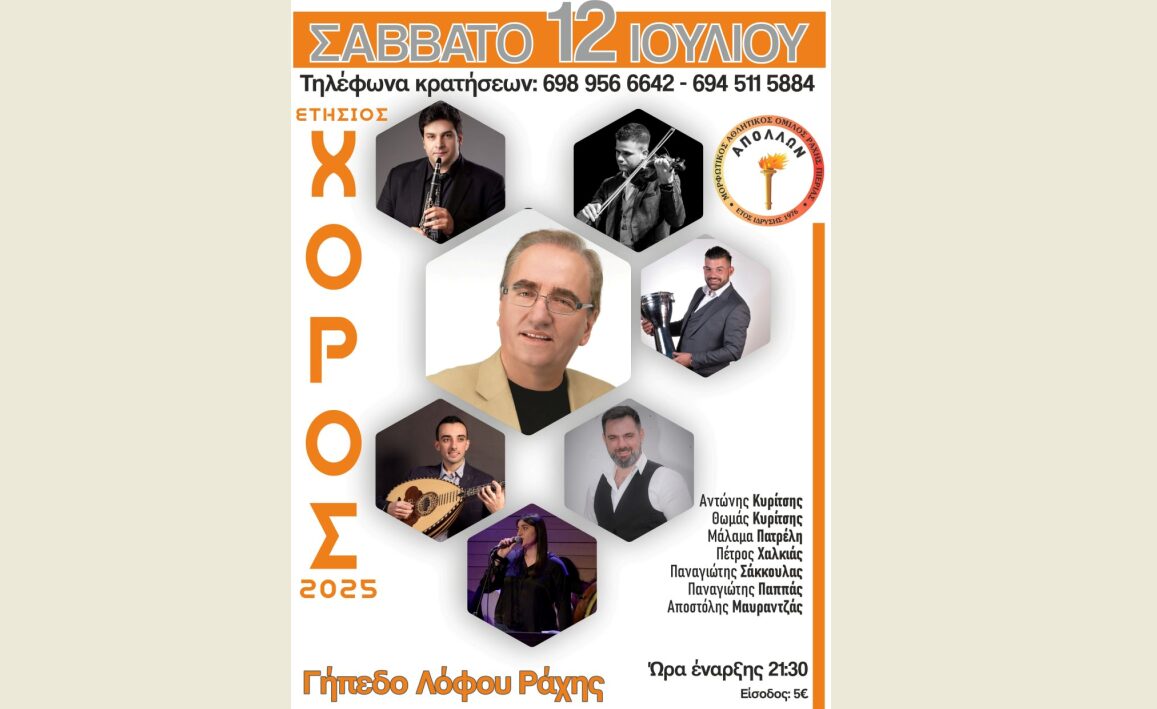 To Σάββατο 12 Ιουλίου o Ετήσιος χορός του Απόλλων Ράχης